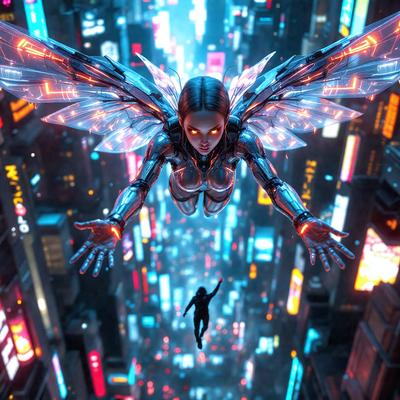 The primary subject of the image is a woman dressed as an angel, flying through the air with her wings spread. She is surrounded by a vibrant and colorful cityscape, which includes a multitude of bright lights and buildings. The visual style of the image is a combination of photo and digital art, creating a dynamic and eye-catching scene. The colors and mood of the image are energetic and lively, with the woman's angelic appearance contrasting against the bustling city environment.